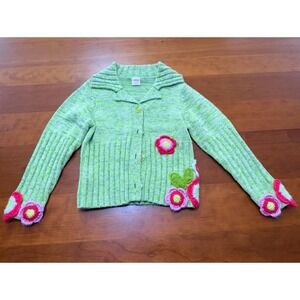 Cakewalk Girls Green Knit Floral Cardigan Sweater Button Front Collar 6